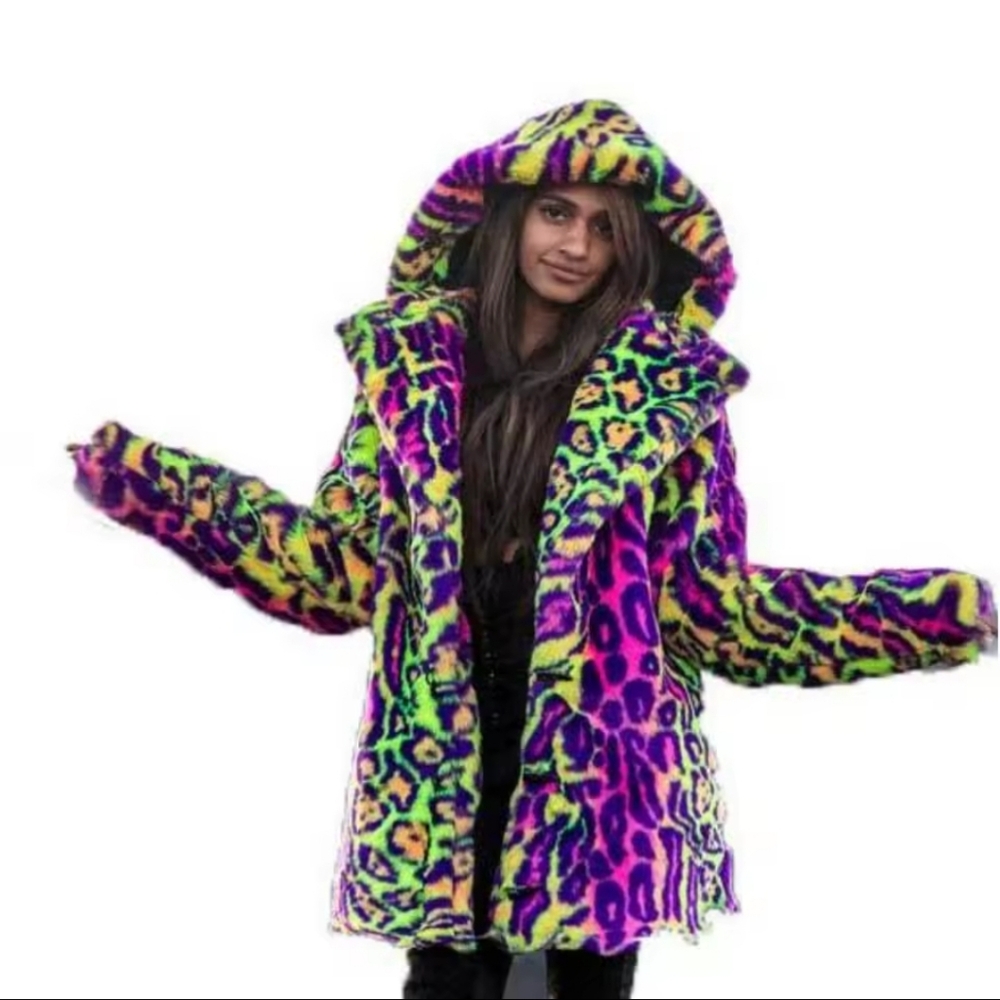 coat hooded fall and winter medium-length neon leopard print fur coat - Picture 2 of 4